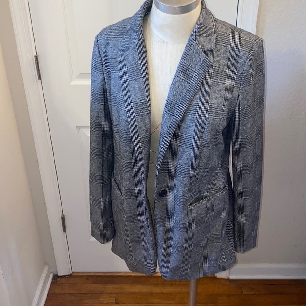 Loft Black & White Plaid Blazer Knit 1-button Soft Stretch Comfy Size 10